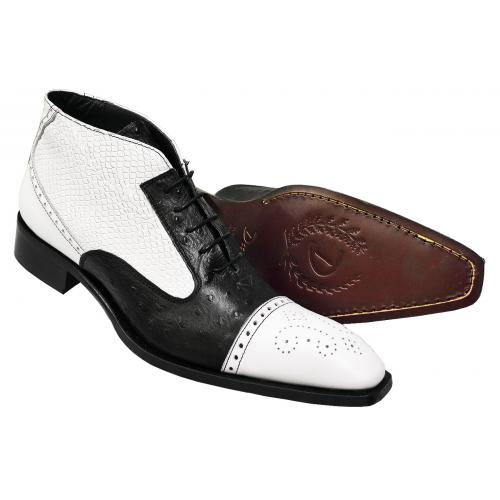 Duca Di Matiste 1104 Black / White Italian Calfskin Leather Python / Ostrich Design Cap Toe Ankle Boots