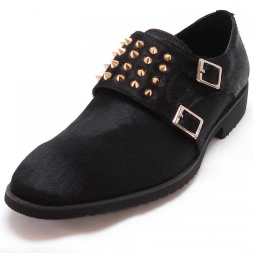 Encore By Fiesso Black Pony Hair Loafer Shoes With Gold Studs And Silver Buckles FI3142