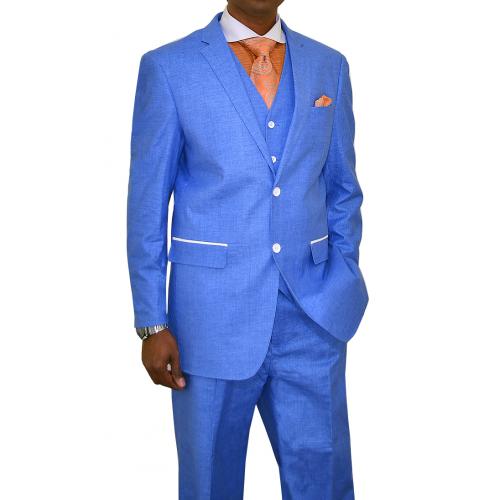 Silversilk Ocean Blue Coated Linen Casual Vested Suit With White Microsuede Elbow Patches 7221V