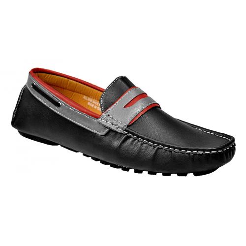 AC Casuals Black / Grey / Red Faux Leather Casual Driving Loafer Shoes 6520