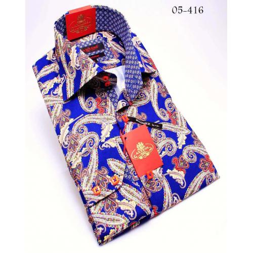 Axxess Blue / Brown Handpick Stitching 100% Cotton Dress Shirt 05-416