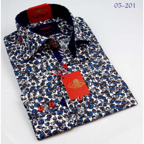 Axxess Blue / Brown Handpick Stitching 100% Cotton Dress Shirt 05-201