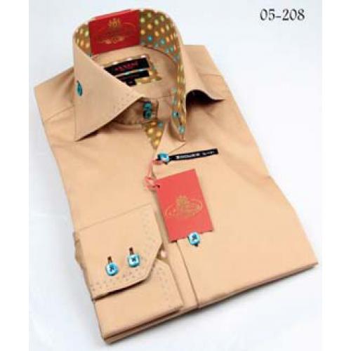 Axxess Beige / Olive Handpick Stitching 100% Cotton Dress Shirt 05-208