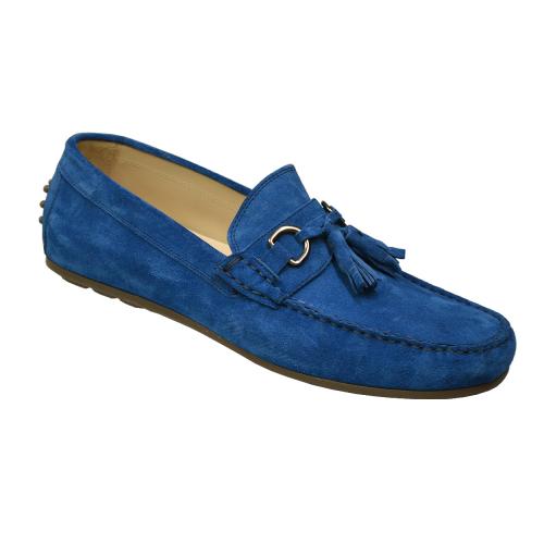 Calzoleria Toscana Cobalt Blue Genuine Lambskin Suede Leather Driving Bit Loafer Shoes With Tassels 2907