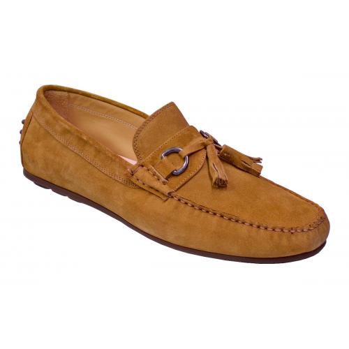 Calzoleria Toscana Honey Mustard Genuine Lambskin Suede Leather Driving Bit Loafer Shoes With Tassels 2907