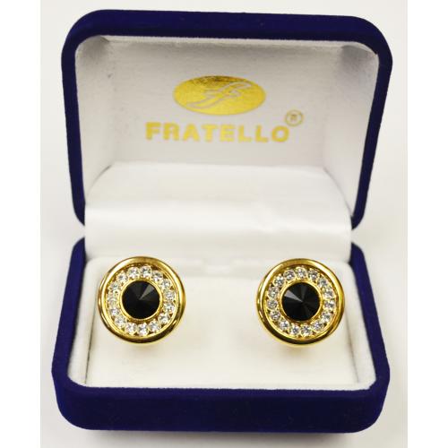 Fratello Gold Plated Round Cufflinks Set With Black Enamel And Clear Rhinestone CL047