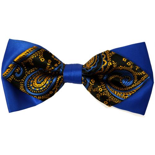 Classico Italiano Royal Blue / Gold / Navy Blue Double Layered Paisley Design 100% Silk Bow Tie / Hanky Set BD138