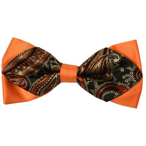Classico Italiano Orange / Wine / Tan / Black Double Layered Paisley Design 100% Silk Bow Tie / Hanky Set BD141