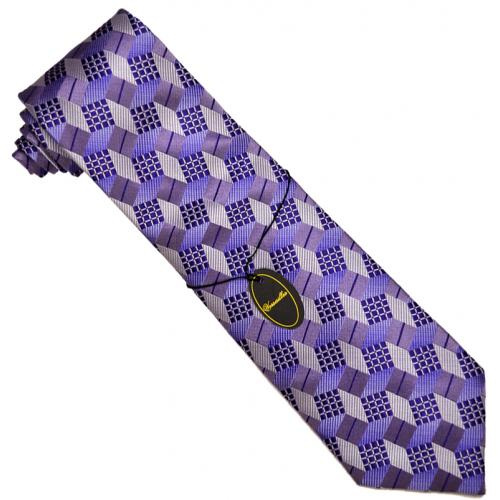 Versailles By Piatelli VL023 Purple Lavender Geomatric Design 100% Woven Silk Necktie/Hanky Set