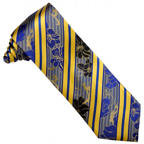 Steven Land Collection "Big Knot" SL194 Gold / Royal Blue / Navy / Tan Paisley Diagonal Design 100% Woven Silk Necktie / Hanky Set