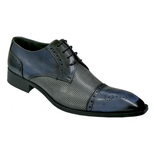 Duca Di Matiste 1111 Hand Painted Medium Blue / Platinum Grey Genuine Italian Calfskin Leather Cap Toe Shoes With Perforation