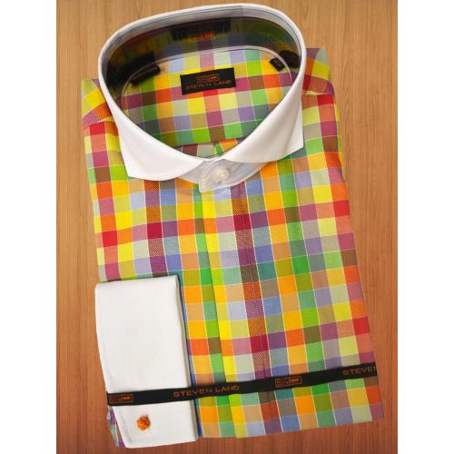 Steven Land Rainbow Multi Color Checkerboard Design With White Spread Collar /  White French Cuffs 100% Cotton Dress Shirt DS1090