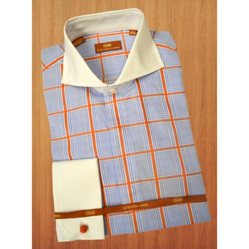 Steven Land Blue / Orange Checker Design With White Spread Collar /  White French Cuffs 100% Cotton Dress Shirt DS1006