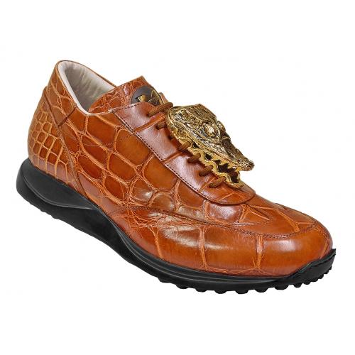 Mauri "Lusso" 8501/1 Cognac Genuine Alligator Nappa Leather Sneakers With Gold Alligator Head On Laces.