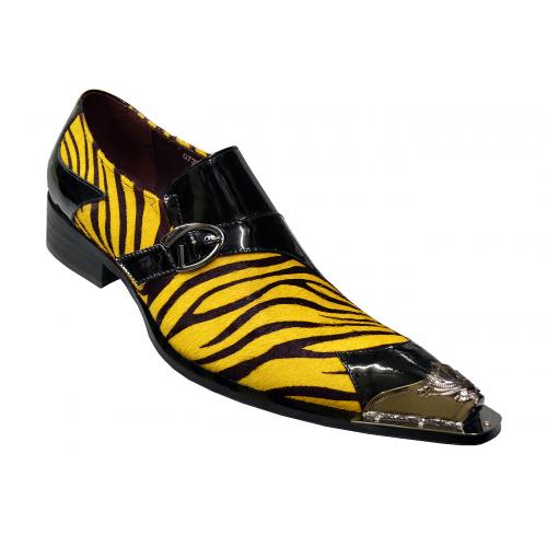 Zota Black / Gold Zebra Hair Pointed Toe Monkstrap Loafer Shoes With Metal Tip G737-2