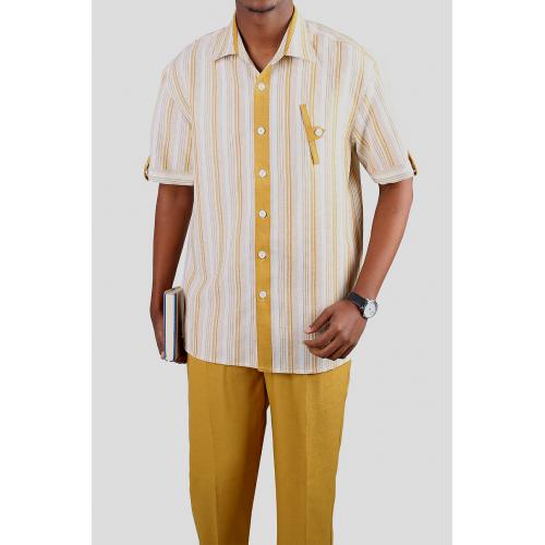 Blue Jazz Cream / Mustard Striped Short Sleeve 2 Piece Outfit Set # PLSS-3