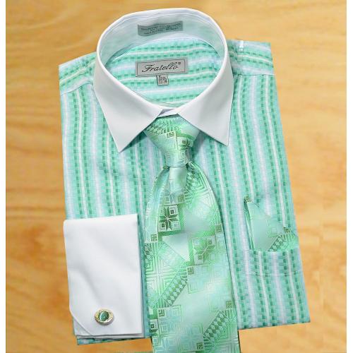 Fratello Mint / Emerald Green / White Mini Checker Pattern Shirt / Tie / Hanky Set With Free Cufflinks FRV4130P2