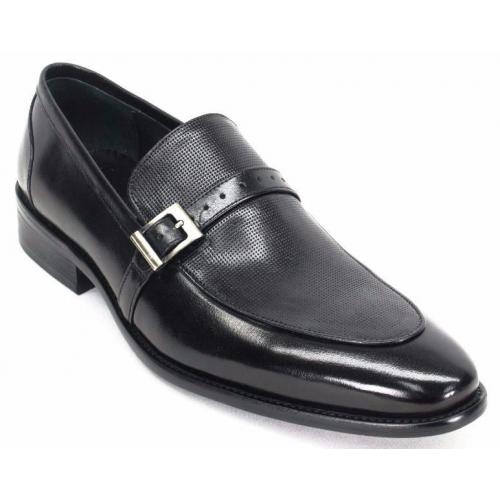 Carrucci Black Genuine Leather Buckle Perforated Loafer Shoes With Buckle KS099-725C.