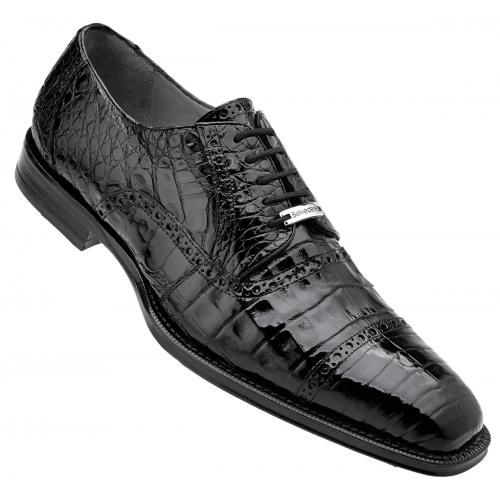 Belvedere "Marcello" Black Genuine Crocodile Lace Up Cap Toe Shoes 1493.