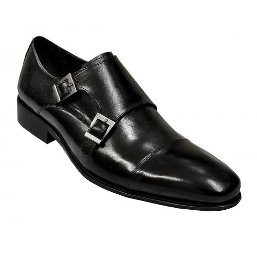 Carrucci Black Genuine Calf Skin Leather Cap Toe Shoes With Double Monk Straps KS099-302