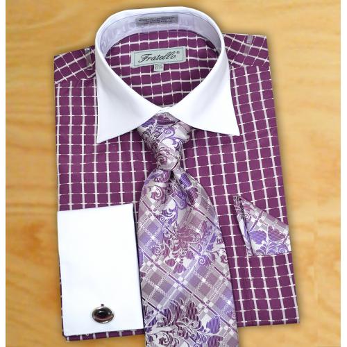 Fratello Purple / White Artistic Design Shirt / Tie / Hanky Set With Free Cufflinks FRV4131P2
