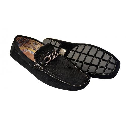 Steve Harvey "Loyals" Black Perforated Microsuede Casual Driving Loafer Shoes With Bracelet