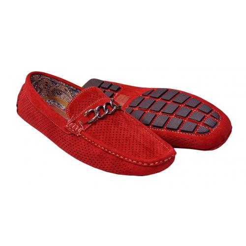 Steve Harvey "Loyals" Red Perforated Microsuede Casual Driving Loafer Shoes With Bracelet