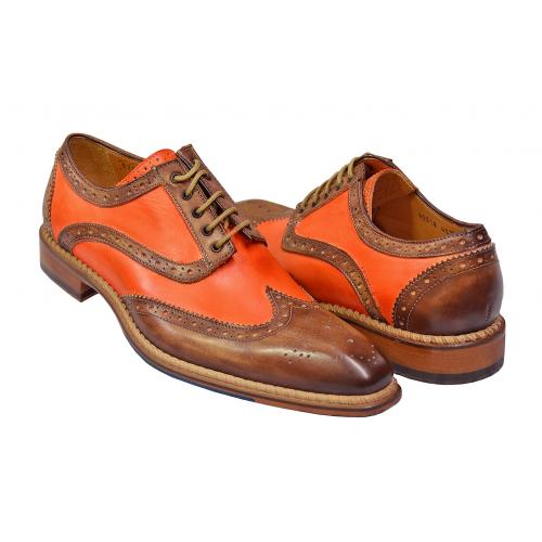 Jose Real "Florence" Coffee Brown / Burnt Orange Italian Hand Painted Wingtip Shoes With Contrast Perforation R2318