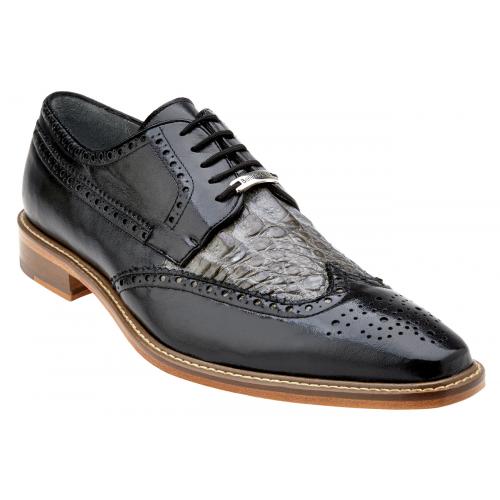 Belvedere "Ciro" Black / Grey Genuine Crocodile / Soft Italian Calf Oxford Shoes 1616