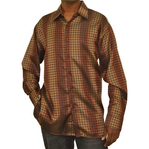 Bagazio Copper Brown / Black / Peach Diamond Design Microfiber Casual Long Sleeves Shirt With Matching Pocket Square BM1192