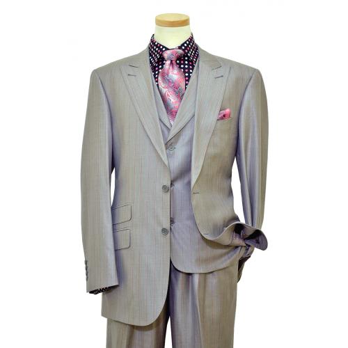 Extrema Platinum Grey / Mauve / Black Stripes With Platinum Grey Handpick Stitching Super 150's Wool Vested Wide Leg Suit HG70224
