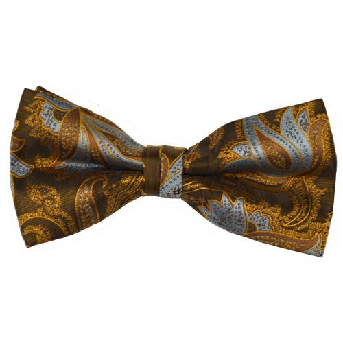 Classico Italiano Chocolate Brown / Sky Blue / Taupe / Mustard Paisley Design 100% Silk Bow Tie / Hanky Set BH2225