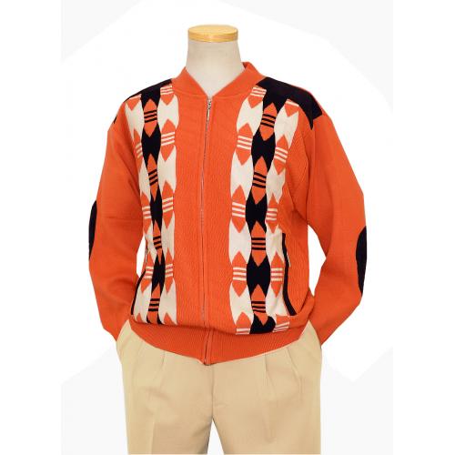 Silversilk Pumpkin Orange / Black / White Knitted Rayon Blend Zip-Up Geometric Design Sweater Jacket With Black Microsuede Elbow Patches And Shoulder Patches 6979