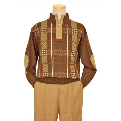 Stacy Adams Brown / Tan / Rust Woven Zip-Up Knitted Outfit With Tan Elbow Patches 8330