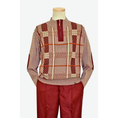 Stacy Adams Burgundy / Cream / Cognac Woven Zip-Up Knitted Outfit With Burgundy Elbow Patches 8330
