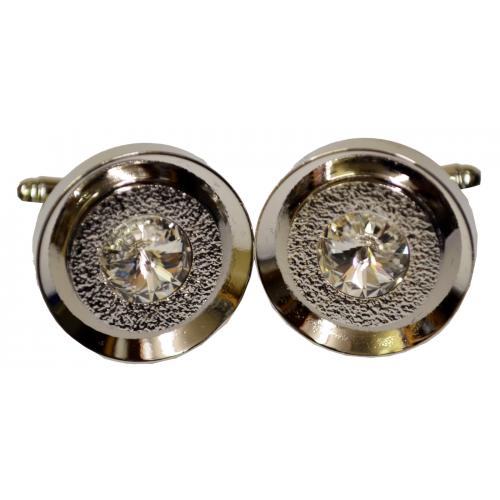 Fratello Silver Plated Round Cufflinks Set With Clear Rhinestone CL040