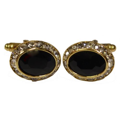 Fratello Gold Plated Oval Cufflinks Set With Black Rhinestones CL046