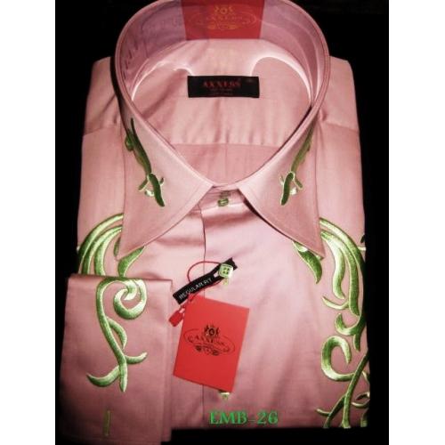 Axxess Peach / Green Handpick Stitching Embroidery 100% Cotton Regular Fit Dress Shirt EMB-26
