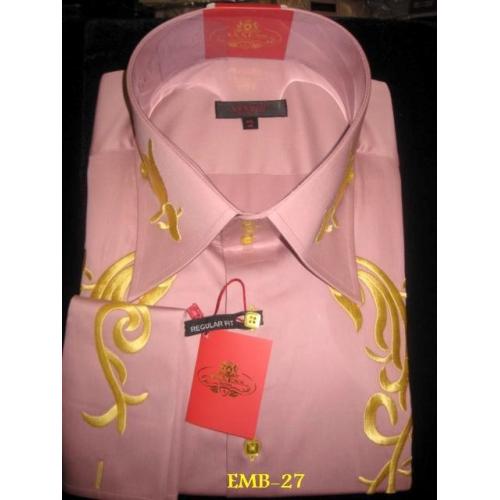 Axxess Peach / Yellow Handpick Stitching Embroidery 100% Cotton Regular Fit Dress Shirt EMB-27