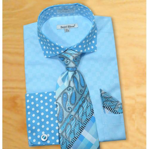 Daniel Ellissa Turquoise / White Polka Dot Self Check Spread Collar Shirt / Tie / Hanky Set With Free Cufflinks DS3780P2