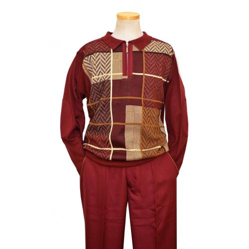 Stacy Adams Burgundy / Cream / Taupe Woven Zip-Up Knitted Sweater Outfit With Burgundy Elbow Patches 8225