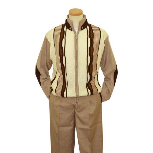 Montique Cream / Beige / Taupe / Brown Woven Zip-Up Knitted Sweater Outfit With Tan Elbow Patches And Neck Epaulets 1501