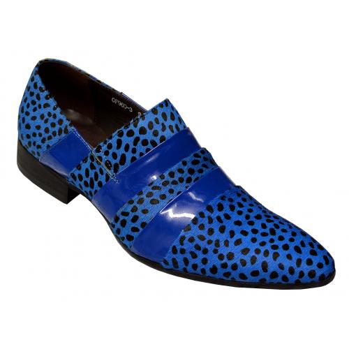 Zota Royal Blue / Black Pleated Leopard Hair / Patent Leather Loafer Shoes GF960-3
