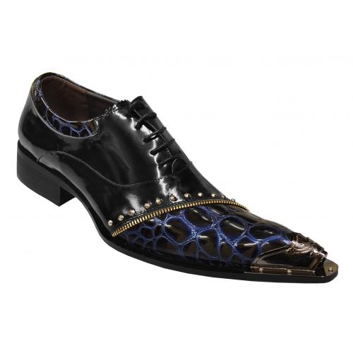 Fiesso Navy Blue / Black Alligator Print Genuine Leather Dress Shoes With Silver Metal Eagle Tip / Silver Metal Studs / Diagonal Gold Metal Zipper FI6931
