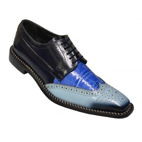 Liberty "Bruno" Light Blue / Ocean Blue / Navy Alligator Print / Soft Italian Calfskin Shoes With Hand Burnished Toe 901