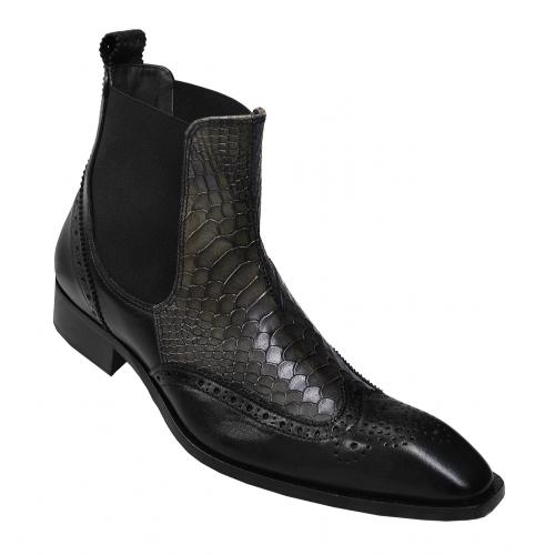Duca Di Matiste 300 Black / Grey Genuine Italian Calfskin Wingtip Leather Ankle Boots