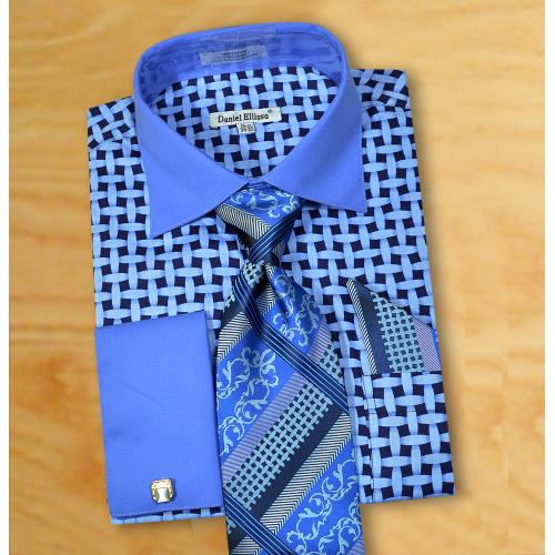 Daniel Ellissa Sky Blue / Navy Blue Woven Design Shirt / Tie / Hanky Set With Free Cufflinks DS3782P2