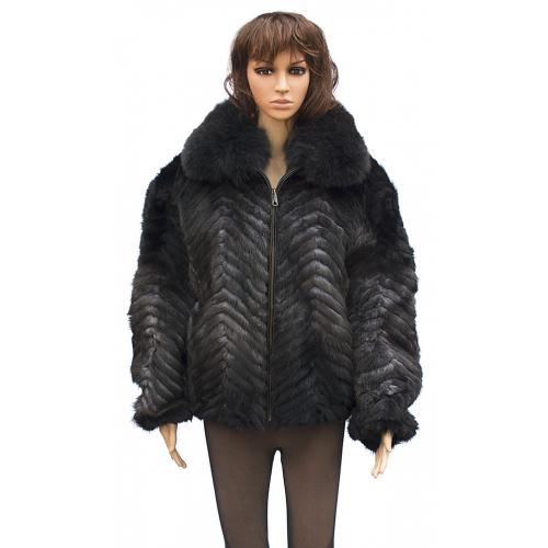 Winter Fur Ladies Blue Iris Chevron Mink Jacket With Fox Collar W39S05GRT