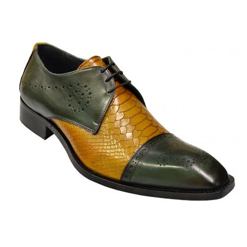 Duca Di Matiste 1703 Emerald Green / Gold Genuine Italian Calfskin Python Design Cap Toe Leather Perforated Shoes