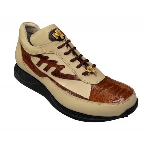 Mauri "Eclisse" 8555 Cream / Gold Genuine Ostrich Leg / Nappa Calf Leather / Patent Leather Casual Sneakers With Genuine Ostrich Leg Mauri Logo And Gold Alligator Head